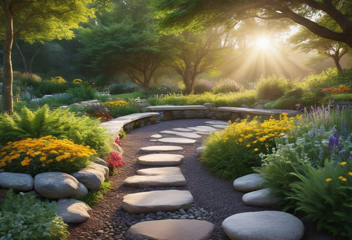 A serene landscape featuring a sunrise over a tranquil garden filled with blooming flowers and lush greenery. In the foreground, a pathway lined with stones leads to a cozy bench where a person sits in meditation, radiating warmth and positivity. Soft light envelops the scene, creating a peaceful and uplifting atmosphere that embodies cheerfulness and gratitude. Colors should be vibrant, with an emphasis on yellows and greens. super-realistic. vibrant colors. natural light.