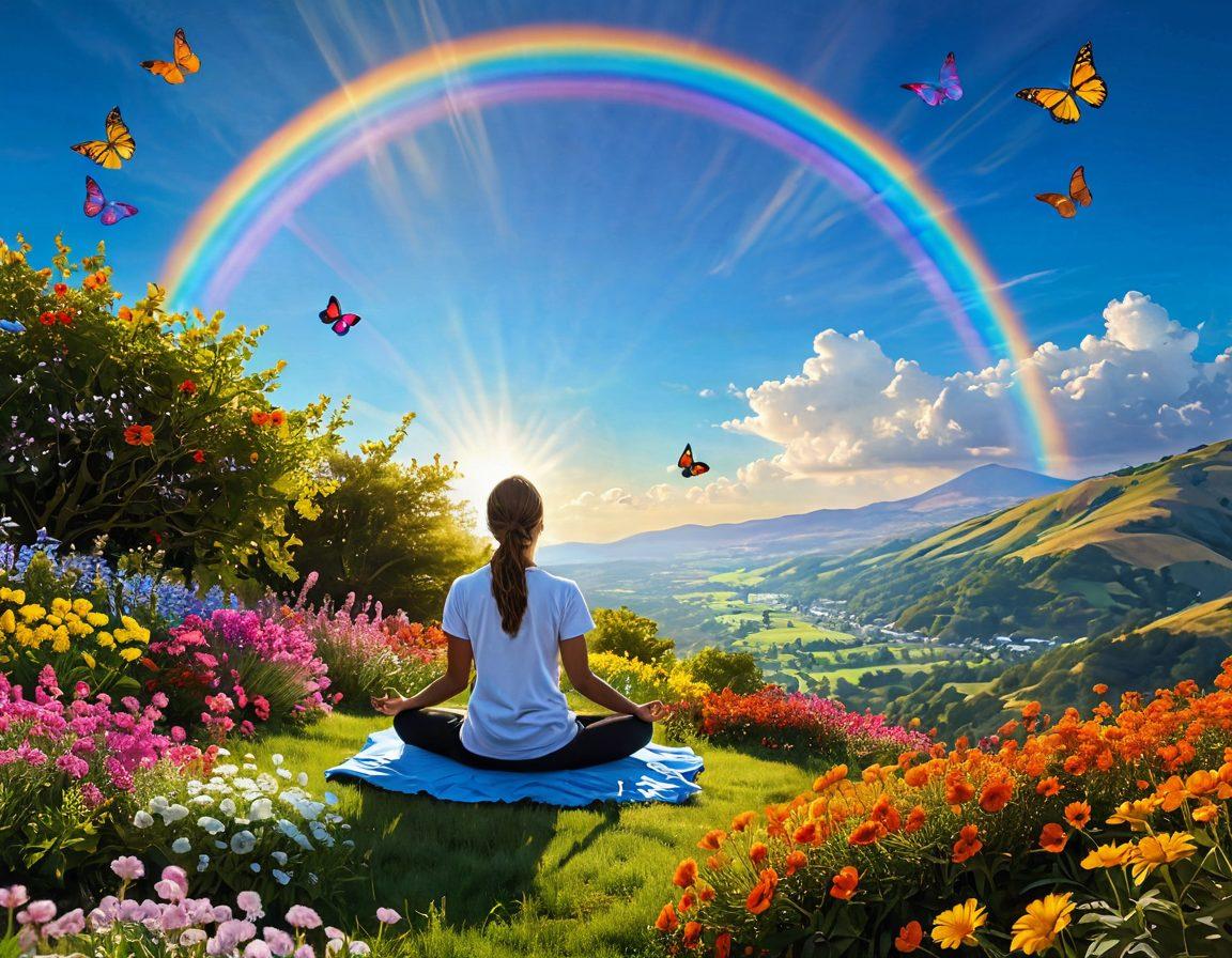 A serene landscape bathed in golden sunlight, featuring a person meditating atop a hill, surrounded by colorful flowers symbolizing joy. In the background, a vibrant rainbow arcs across a clear blue sky, representing hope and positivity. Include butterflies fluttering around, emphasizing transformation and elation. super-realistic. vibrant colors.