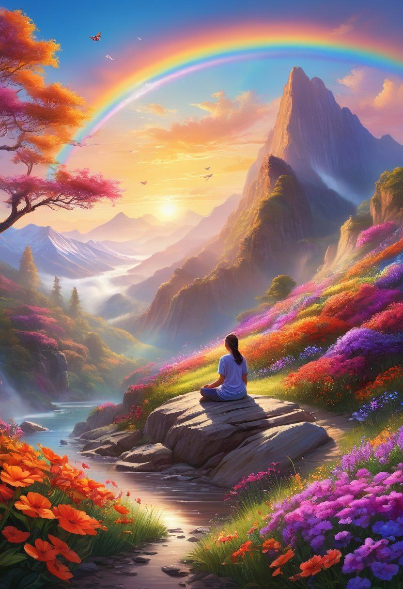 A serene landscape featuring a person meditating on a vibrant mountain peak at sunrise, surrounded by an array of colorful flowers and butterflies, embodying joy and harmony. In the background, a soft rainbow arcs across the sky, symbolizing hope and happiness. Elements of nature like flowing streams and lively birds add to the sense of blissful well-being. Bright and uplifting color palette. super-realistic. vibrant colors. warm sunlight.
